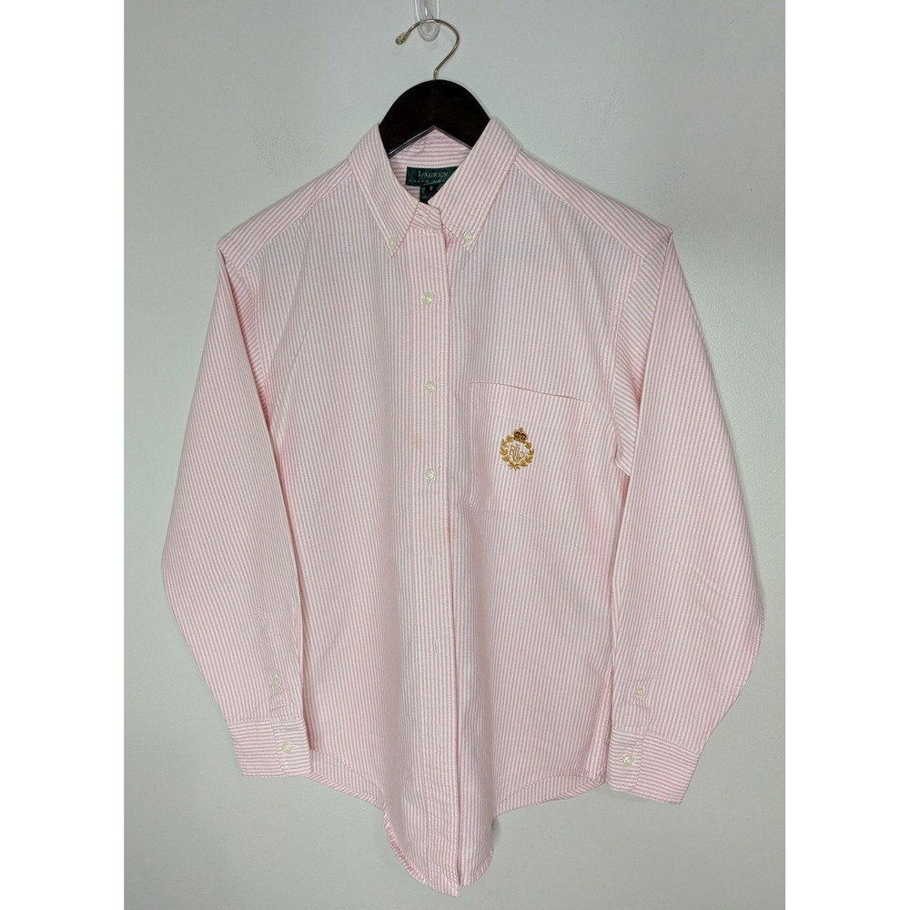 Lauren Ralph Lauren Size 6 Pink White Stripe LS Embroidered Crest Preppy Classic